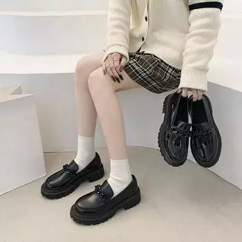 Британские туфли на платформе женские однопедальные туфли сезон черные круглые французские маленькие кожаные туфли 35