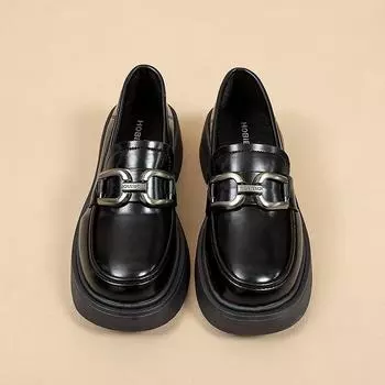 Британские женские кожаные туфли с металлической пряжкой, туфли-лодочки на каблуках, модные туфли на платформе с широким каблуком, повседневные туфли без застежек на весну и осень, тонкие туфли 35 чёрный