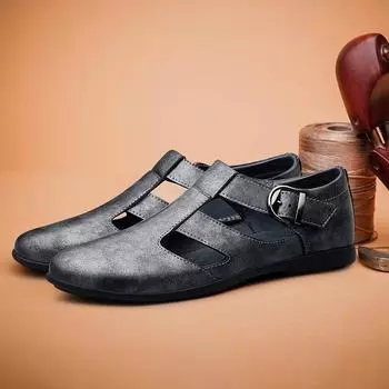 Британский стиль 2024 года, новые летние кожаные мужские сандалии из натуральной кожи, дышащие нескользящие дизайнерские сандалии на плоской подошве 37 чёрный