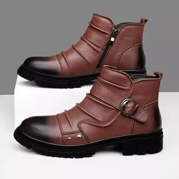 Британский стиль 2024Новинка Мужские прогулочные ботинки из натуральной кожи, нескользящие, удобные, теплые, плюшевые, модные, плоские, дизайнерские, на шнуровке, ботильоны 36