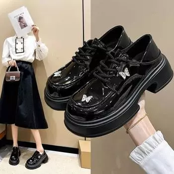 Британский стиль Лоферы женские весна осень новые одинарные туфли с круглым носком универсальные черные туфли-лодочки с толстой подошвой толстые каблуки Мэри Джейн 35 чёрный