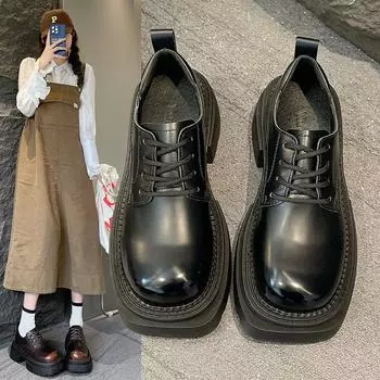 Британский стиль Платформа Весна Новые шнуровки Круглый носок Толстый каблук Женские маленькие кожаные туфли 35 чёрный