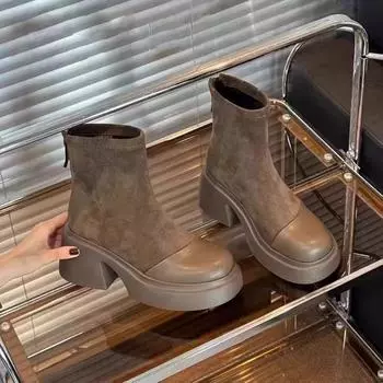 Британский стиль платформы сапоги женская обувь 2024 новые замшевые кожаные ботильоны эластичные панк обувь женские толстые подошвы мотоциклетные сапоги 35 чёрный