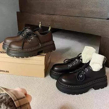 Британский стиль шнуровка высокий толстый каблук мокасины платформа круглый нос маленькие кожаные туфли женские осень 35