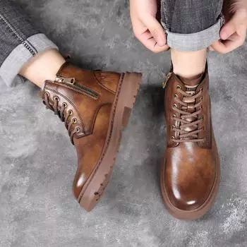 Британский стиль Толстая подошва ручной работы ретро зимние мужские высокие сапоги на платформе каблук сапоги роскошные коровья кожа толстый каблук теплые сапоги 38 чёрный