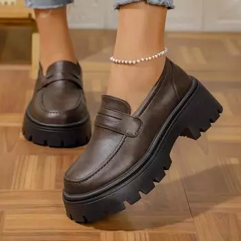 Британский стиль толстый каблук толстая подошва женская нишевая дизайнерская обувь sense one pedal ленивые туфли удобные повседневные маленькие кожаные туфли tide 35 темно-коричневого