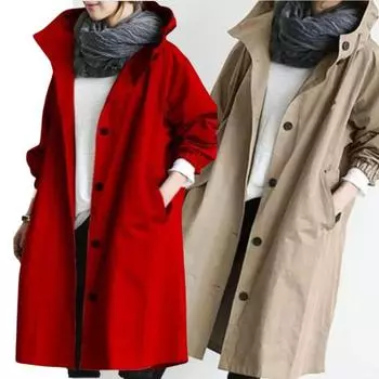 Британский стиль винтаж осень тонкий карман капюшон с длинными рукавами ветровка свободная пальто средней длины куртка женская одежда однотонный новый S чёрный