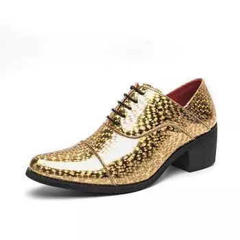 Британский стиль Золотые туфли на высоком каблуке со шнуровкой Оксфордские туфли с острым носком для вечеринок в ночном клубе Мужская обувь Увеличивающие рост Свадебные кожаные туфли 38 синий