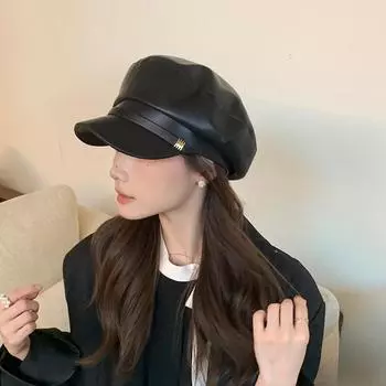 Британский темперамент кепка газетчика из искусственной кожи для детей, осень-зима, ретро, с плоским верхом, восьмиугольная шляпа, большая окружность головы, показывающая лицо, маленький берет Adjustable (54-59cm) чёрный