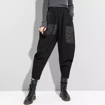 Британский весенне-осенний дизайнерский стиль, женские черные лоскутные шаровары, женские эластичные хлопковые брюки, женские свободные брюки S чёрный