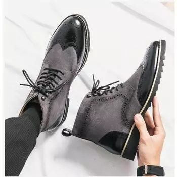 British Ankle Boots Men Shoes Fashion Retro PU Stitching Faux Suede Brock Carving Lace Up Classic Casual Street Daily D491 38 серый
