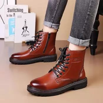 British high-top shoes platform-soled side zipper short boots black leather boots locomotive boots knight boots lightweight and lightweight Martin boo 38 чёрный