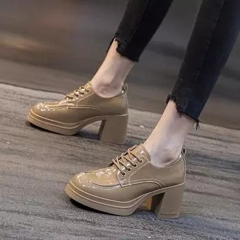 Британские кожаные туфли женские новые осенние модные универсальные туфли-лодочки на толстом каблуке из лакированной кожи водонепроницаемые туфли на платформе высокие каблуки абрикосового цвета 35 чёрный