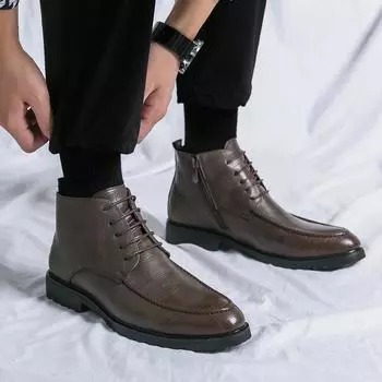 British men s medium and high-top side zipper leather shoes business casual short boots retro heightening pointed Martin boots men s boots 37