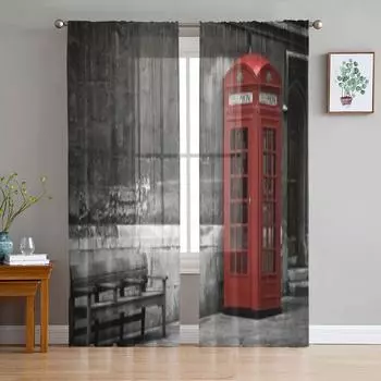 British Phone Booth In London United Kingdom Tulle Sheer Curtains for Living Room Kitchen Decoration Voile Organza Curtains 135W x 114H(cm)