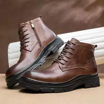 British Retro Martin Boots Men S Leather Heightening Handmade Zipper Locomotive Platform Tooling Boots Men S Cowhide Short Boots Tide 38 коричневый