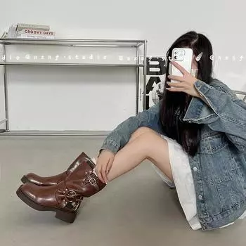 British simple black platform Martin boots women s 2025 new summer thick heel knight boots British style explosive short boots 35 чёрный