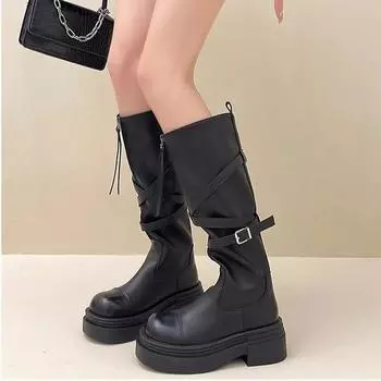 British Skinny Comfortable Knight Boots Women s 2024 Autumn New Thick-soled Heightening Small Men But Knee Boots Tide 35 чёрный