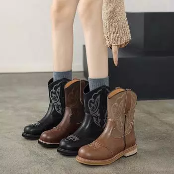 British style! 2024 European and American embroidery rear zipper sleeve knight boots women s retro thin breathable short boots western boots 35 светло-коричневого