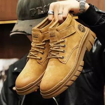 British Style Ankle Boots Outdoor Motorcycle Men s High-top Fashion Casual Shoes Mens Sneakers Men s Autumn Winter Walking Boots 39 хаки