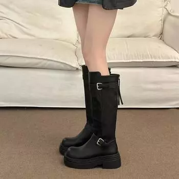 British style belt buckle but knee boots 2024 autumn rear zipper thick heel thick sole round head thin knight boots 35 чёрный