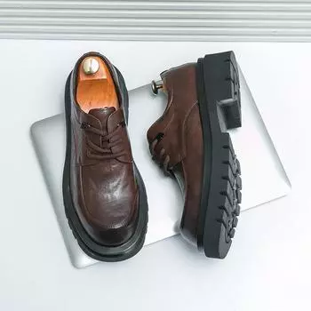 British style big head leather shoes men s trend thick sole heightening hand-scratched leather shoes size 38-45 large size men s shoes 38 чёрный