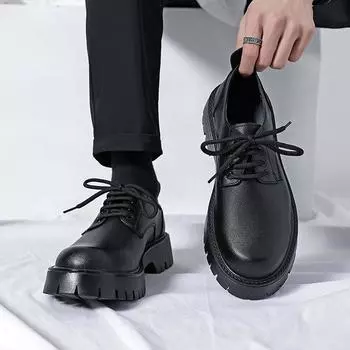 British style big head tooling men s shoes spring and autumn low-top Martin boots round head heightening thick sole lace-up casual leather shoes men 38