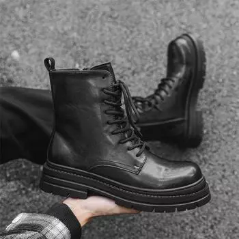 British style black middle help Martin boots men s spring and autumn Korean version retro thick-soled locomotive tooling boots tide 14406-J 38 чёрный