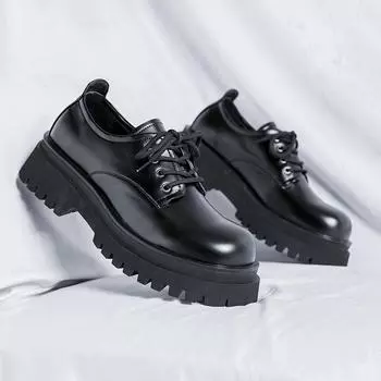 British Style Derby Shoes Men PU Thick Soled Round Toe Business Formal Shoes Classic Comfort Anti Slip Work Clothes Men Shoes 38 чёрный