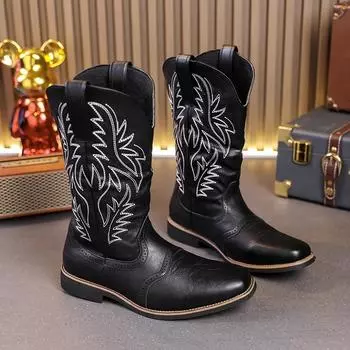 British Style Embroidered Long Leg Denim Boots Low Heels Thick Soles Brand Motorcycle BootsOutdoor High-quality Leather Boots 38 чёрный