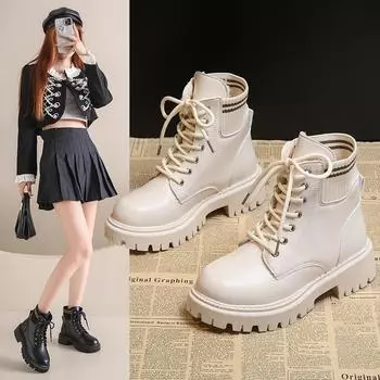 British style front lace-up boots 2024 new autumn and winter black and white Internet celebrity tide shoes Martin boots platform velvet leather sho 35