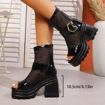 British style high-heeled cool boots 2025 summer breathable large size belt buckle rear zipper mesh platform sandals women 35
