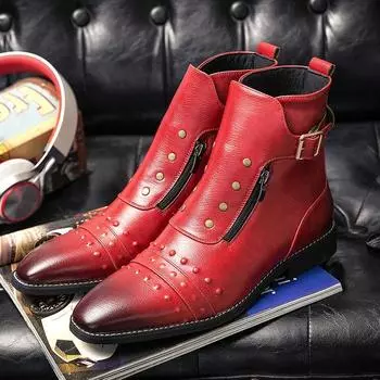 British Style Luxury Men Dress Boots Autumn Fashion Zip Designer Motorcycle Boot For Male High Top Red Leather Cowboys Boots Men 38