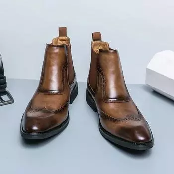 British Style Male Casual Leather Ankle Boots Classy Mens Chelsea Boots Leisure Walk High Top Shoes Outdoor Party Weddidng Shoes 39 чёрный