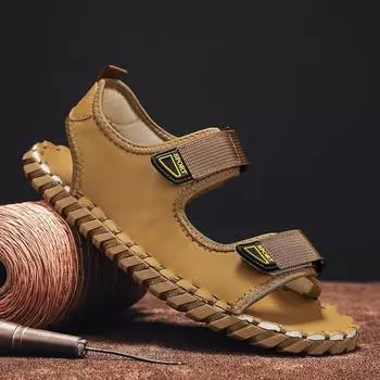 British Style Men Handmade Sandals Summer Leisure Leather Beach Holiday Sandals 2024 New Outdoor Walking Shoes Comfy Sandals 39 бежевый