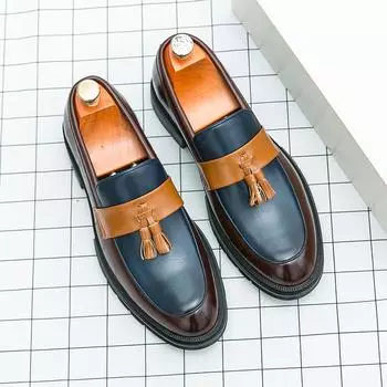 British Style Men s Leather Casual Shoes Trendy Color Blocking Commuting Work Leisure Shoes Men s High-end Banquet Dress Shoes 38 черный белый