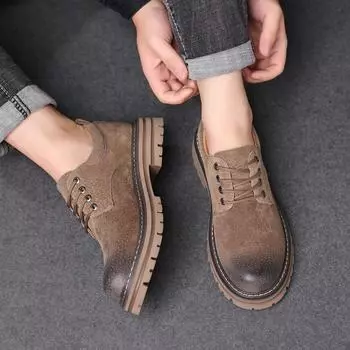 British Style Men s Leather Comfortable Work Shoes Fashionable Classic Lace Up Big Toe Leather Shoes Thick Soles Non Slip Shoes 38 хаки