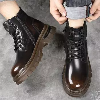 British Style New Men s Outdoor Casual Thick Soled High Top Shoes Fashionable Lace Up Men s Autumn and Winter Retro Work Boots 38 чёрный