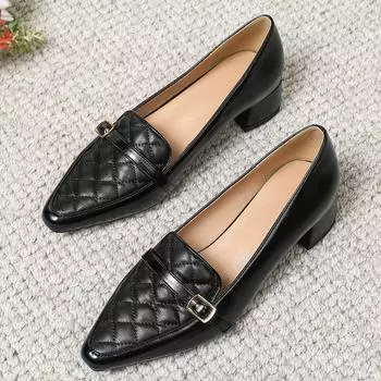 British Style Plaid leather low heel pumps women buckle belt work shoes female tacones thick heel slip on loafers big size 44 5 чёрный