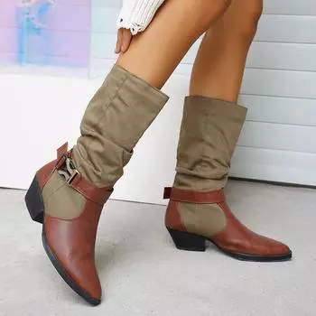 British style pointed belt buckle Martin boots women s 2025 autumn and winter new contrasting color thick heel knight boots thick heel medium boots 36 чёрный