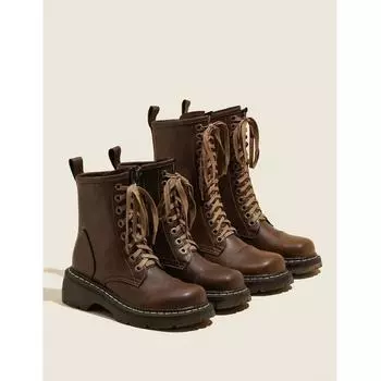 British Style Slim Lace up Simple Black Thick Boots Women s Summer 2024 New Vintage Thick Heel Short Boots boots women 35 коричневый