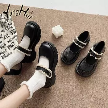 British-style Small Leather Pumps 2024 Fashion Summer New Daily Thick Soles with Round Toe Height Mary Jane Shoes Women s Shoes 35 матовый черный