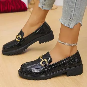 British style small leather shoes women s spring and autumn new thick heel round head metal buckle platform women s shoes versatile large size loafers 36