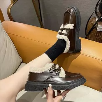 British style small leather shoes women s winter velvet 2024 new Korean version versatile fashion thick-soled warm cotton shoes Japanese single shoes 35 чёрный