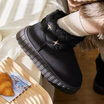 British Style Warm Winter Ankle Boots Women Platform Thick Plush Snow Boots Woman Faux Fur Non-Slip Warm Cotton Padded Shoes 36-37 чёрный