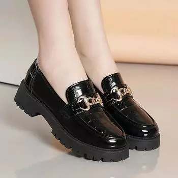 British Style Women Patent Leather Shoes Platform Wide Heel Slip-on Loafers Metal Buckle Pumps Fashion Party Wedding High Heels EUR 35 чёрный