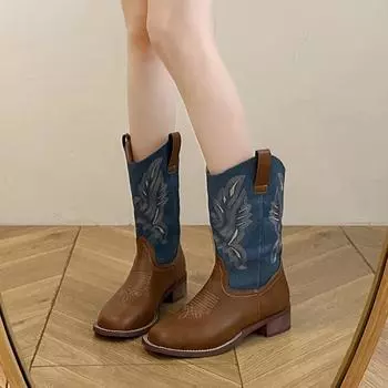 British Style Women s Western Cowboy Boots 2024 Classic Embroidered Mid-calf Boots High Quality Brown Platform Boot Botas Mujer 35 коричневый
