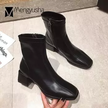 British Zipper riding boots female pu leather shoes winter solid chunky high heels booties square toe mid-calf botas mujer 5 бежевый