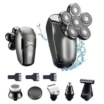 Бритва для кожи головы 6 в 1, бритва с плавающей головкой 5D, бритва для бритья, триммер для бороды, машинка для стрижки волос, щетка для чистки лица, электробритва большого размера