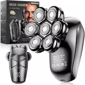 Бритва для лысых мужчин Wyclos Detachable 5in1 Electric IPX7 Waterproof Dry Wet 7D Rotary Grooming Kit со светодиодным дисплеем USB-перезаряжаемый, серый